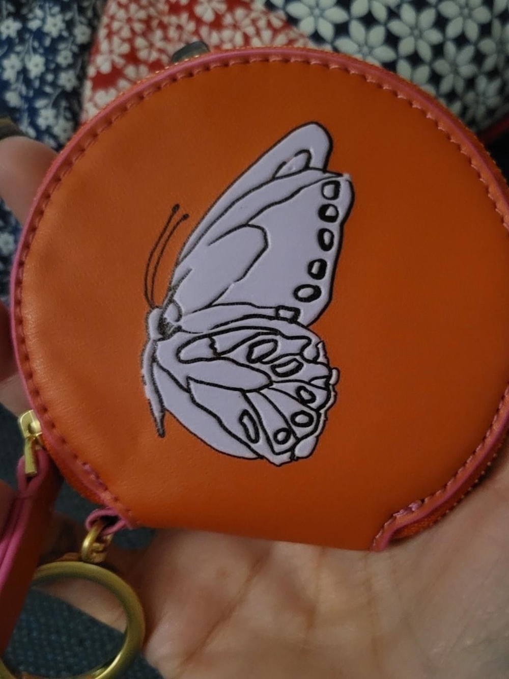 Vera Bradley Orange Round Coin Purse with Pink Trim & White Butterfly